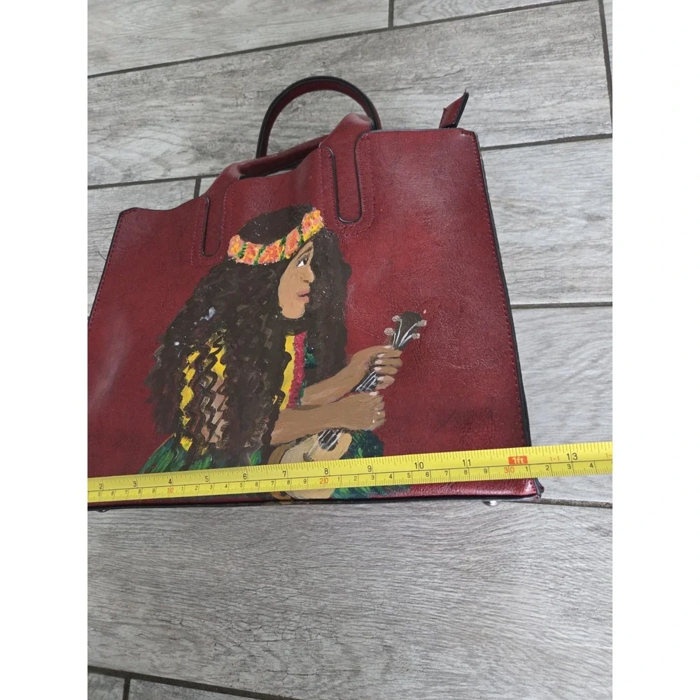Handmade Leather Handbag Hand-Painted Hawaiian Purse 12×10×5 Red‎ Artsy Boho NEW